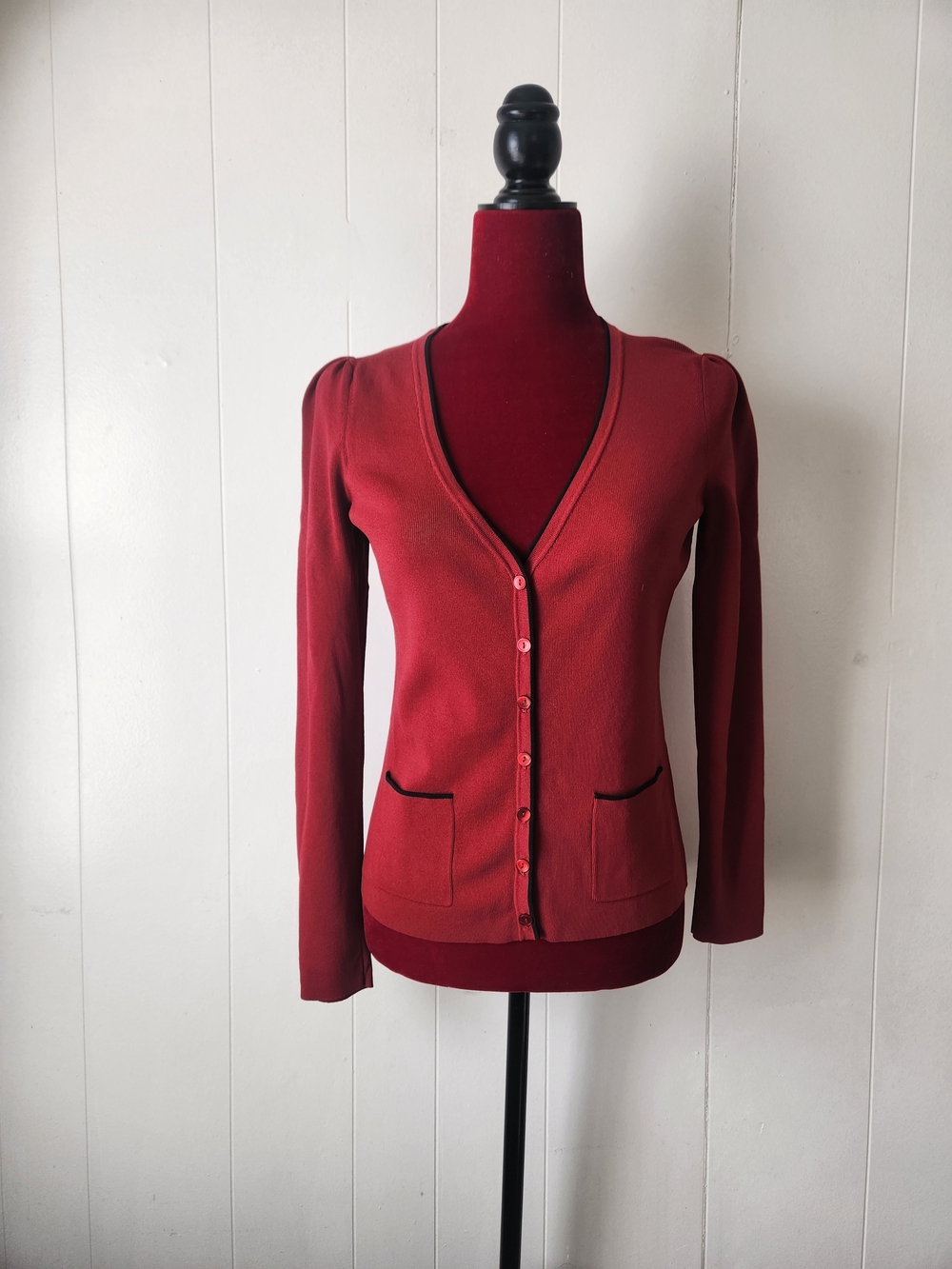 LOFT Red V-Neck Buttoned Cardigan with Black Trim Casual Preppy